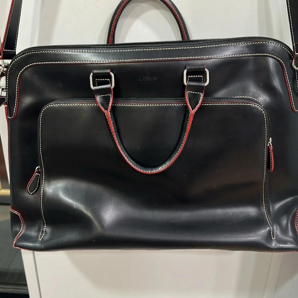 Lodis Black and Red Leather Audrey LaptopTote Bag